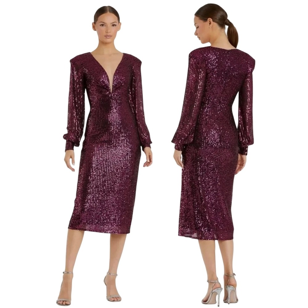 Mac Duggal 26866 Sequin V-Neck Bishop Sleeve Midi Dress Burgundy